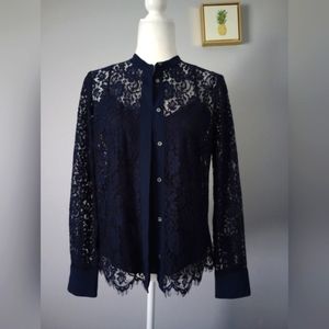 J Crew blue Satin And lace blouse  size 2 new without tag buttons 2 Pieces